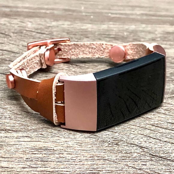 Brown Leather Strap Rose Gold Fitbit Charge 3 Band - Picture 2 of 8